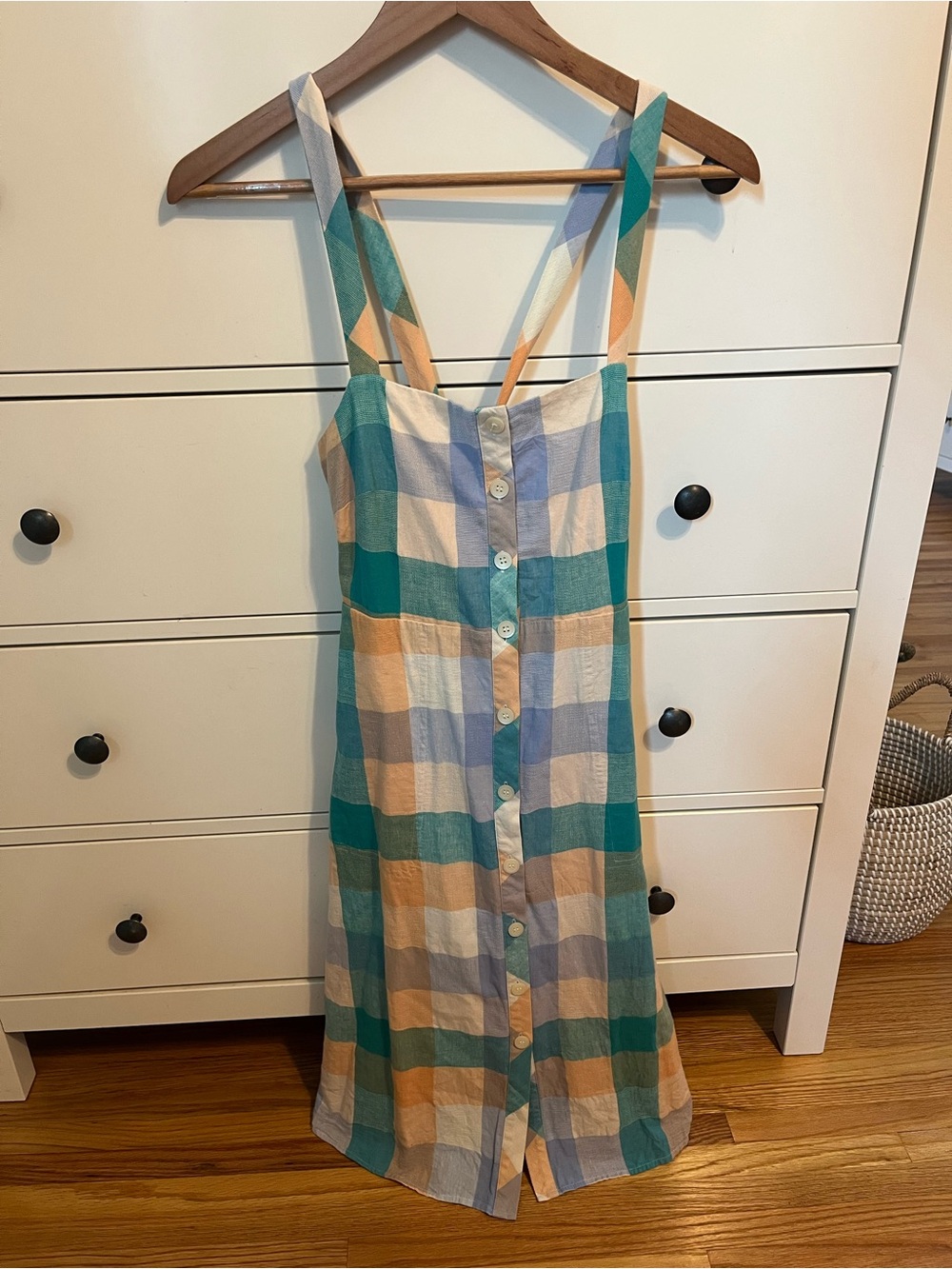 Madewell Plaid Button-Front Midi Dress in Teal, Peach & Light Blue